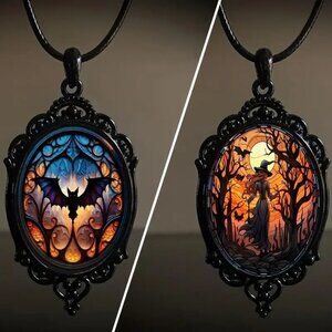 Set (2) Gothic Witch & Bats Halloween Pendant Necklaces